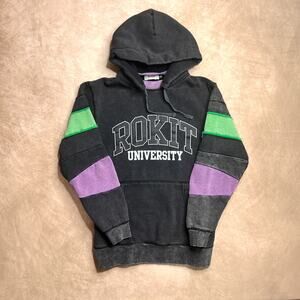 Rokit University Hoodie Patchwork Arms Gray Streetwear Skater Indie Sleaze